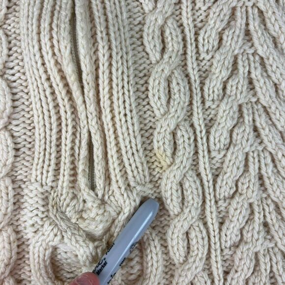 Aran Crafts 100% Wool Cable Chunky Knit 1/4 Zip Sweater Mock Neck Cream L *Read - Picture 3 of 15